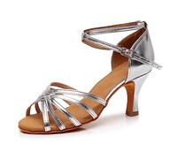 PADGENE Chaussures de Danse à Semelle Molle en Satin pour Femmes, à Talons Hauts Chaussures de Danse pour Jazz/Latin/National Mark/Rumba/Cha Cha, L - Argent - 5cm, 40 EU