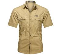 PADOLA Chemise Homme Manches Courtes Boutonnée Coton Chemisette Slim Fit Chemise Cowboy Cargo Chemises de Travail été Unie Chemisier de Plage Safari Militaire Tactique Shirt (3 Kaki, S)