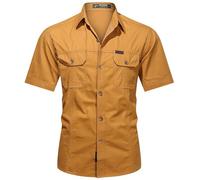 PADOLA Chemise Homme Manches Courtes Boutonnée Coton Chemisette Slim Fit Chemise Cowboy Cargo Chemises de Travail été Unie Chemisier de Plage Safari Militaire Tactique Shirt (Jaune, 2XL)