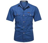 PADOLA Chemise Homme Manches Courtes Boutonnée Coton Chemisette Slim Fit Chemise Cowboy Cargo Chemises de Travail été Unie Chemisier de Plage Safari Militaire Tactique Shirt (4 Bleu, S)