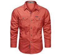 PADOLA Chemise Homme Manches Longues Slim Fit Coton Boutonnée Chemises avec Poches Col Rever Chemise de Travail Cargo Uni Chemisette Militaire Tactique Shirt Safari Habit (Rouge, S)