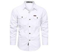 PADOLA Chemise Homme Manches Longues Slim Fit Coton Boutonnée Chemises avec Poches Col Rever Chemise de Travail Cargo Uni Chemisette Militaire Tactique Shirt Safari Habit (4 Blanc, M)