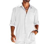 PADOLA Chemise Lin Homme Manches Longues Boutonnée Chemises avec Poche Poitrine Coton Chemisette Homme avec Dentelle Couleur Uni Chemiser Coupe Régulière Shirts (Blanc, L)