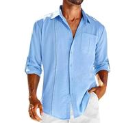 PADOLA Chemise Lin Homme Manches Longues Boutonnée Chemises avec Poche Poitrine Coton Chemisette Homme avec Dentelle Couleur Uni Chemiser Coupe Régulière Shirts (1 Bleu, L)