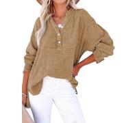 PADOLA Chemisiers et Blouses Femme Gaze de Coton Chemisier Femme Chic et élégant Chemise Henley Manches Roulées Décontracté Tunique Bouton Blouse Couleur Uni Tee Shirt été Haut Top (0 Marron, M)