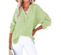 PADOLA Chemisiers et Blouses Femme Gaze de Coton Chemisier Femme Chic et élégant Chemise Henley Manches Roulées Décontracté Tunique Bouton Blouse Couleur Uni Tee Shirt été Haut Top (2 Vert, 2XL)