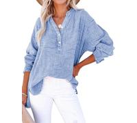 PADOLA Chemisiers et Blouses Femme Gaze de Coton Chemisier Femme Chic et élégant Chemise Henley Manches Roulées Décontracté Tunique Bouton Blouse Couleur Uni Tee Shirt été Haut Top (2 Bleu Clair, XL)