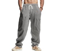 PADOLA Pantalon Lin Homme avec 4 Poches Taille Elastique Décontracté Pantalons de Travail Léger été Cargo de Plage Fluide Pantalon Yoga Cordon de Serrage Uni Baggy Grande Taille (3 Gris, L)