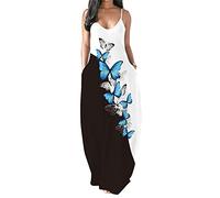 PADOLA Robe Femme Chic et Elegant Bohème Robe avec Poche Bretelles Spaghetti Maxi Robe Floral Robe de Plage Longue été Décontractée Robe Vintage Grande Taille sans Manche (3 Papillon Bleu, M)