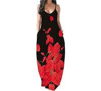 PADOLA Robe Femme Chic et Elegant Bohème Robe avec Poche Bretelles Spaghetti Maxi Robe Floral Robe de Plage Longue été Décontractée Robe Vintage Grande Taille sans Manche (4 Feuille, S)