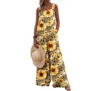 PADOLA Salopette Femme Combinaison Femme été Fluide Floral Imprimé Décontractée Salopettes Bohème Jumpsuit sans Manches Bretelles Coton Overalls avec Poche Jambes Larges Ample (Fleurs Jaune, S)