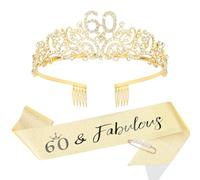 Padorul Ensemble couronne dorée et écharpe « 60 & Fabulous » pour femme, diadème en strass avec peigne et écharpe brillante pour fête d'anniversaire de princesse