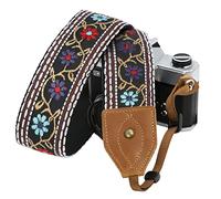 Padwa Lifestyle Sangle Appareil Photo - Tête en cuir classique du Crazy Horse Art,Sangle D'appareil Photo en Coton Brodé de 2",Bandoulière Photographe Réglable Pour Tous Les Appareils Photo DSLR