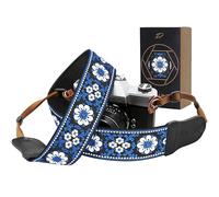 Padwa Lifestyle Sangle pour appareil photo à fleurs bleues - 5,1 cm de cuir de vachette en tête avec sangle en coton pour photographes, sangle réglable vintage en jacquard brodé pour le cou et