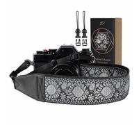 Padwa Lifestyle Sangle pour appareil photo à fleurs grises - 5,1 cm avec extrémités en cuir pleine fleur pour photographes, vintage brodé en coton tissé doux en daim doux rembourré sangle à dégagement