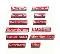 PAEFIU Lot de 12 Étiquettes Magnétiques pour Boîte à Outils, Réutilisables Étiquettes de Rangement, étiquettes de Tiroir, pour Coffre à Outils de Taille, Fortes Magnétiques & Faciles à Lire (Rouge)