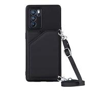 Paekear Coque avec Cordon pour Oppo Reno 6 Pro 5G, PU Cuir Silicone Cover avec Fente pour Carte Tour de Cou Lanière, Slim Necklace Case Anti-Choc Bumper Etui Housse & Collier, Noir