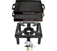 Paella World Set de cuisson petit tabouret 30x30x14 cm avec plaque en fonte 32x32 cm et sécurité d'allumage Réchaud à gaz