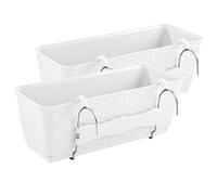 PAFEN Lot de 2 jardinières de balcon avec supports - 492 x 172 x 174 mm - Pot de fleurs avec réservoir d'eau aspect rotin, bac à plantes, blanc
