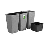 PAFEN Lot de 3 pots de fleurs avec insert - 20 x 20 x 38 cm - Pot de fleurs inspiré de la nature : aiguilles de pin - Pot de fleurs haut carré - Gris