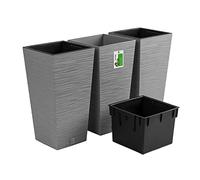 PAFEN Lot de 3 pots de fleurs avec insert - 26,5 x 26,5 x 50 cm - Pot de fleurs inspiré de la nature : aiguilles de pin - Pot de fleurs haut carré - Gris