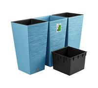 PAFEN Lot de 3 pots de fleurs avec insert - 34,5 x 34,5 x 66 cm - Pot de fleurs inspiré de la nature : aiguilles de pin - Pot de fleurs haut carré - Bleu