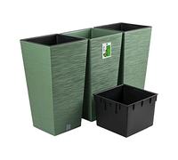 PAFEN Lot de 3 pots de fleurs avec insert - 34,5 x 34,5 x 66 cm - Pot de fleurs inspiré de la nature : aiguilles de pin - Pot de fleurs haut carré - Vert