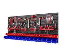 PAFEN Lot de 36 boîtes à outils empilables en plastique Rouge/bleu Modèle 1728 x 780 mm Étagère murale d'atelier Boîte de rangement murale perforée