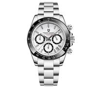 Pagani Design Lunette en céramique pour Homme Bracelet en Acier Inoxydable Chronographe étanche 100 m Verre Saphir Montre pour Homme(Blanc G)