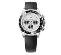 Pagani Design Lunette en céramique pour Homme Bracelet en Acier Inoxydable Chronographe étanche 100 m Verre Saphir Montre pour Homme(Argent Blanc JY)
