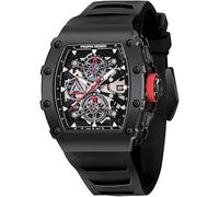 Pagani Design Montre à Quartz Homme, Mouvement Japonais YM92, Bracelet Silicone, Étanche, Rectangle, Chronographe, Squelette, Noir et Noir, Forme Tonneau