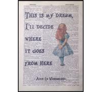 Page de dictionnaire avec citation Alice au pays des merveilles, décoration murale de style vintage