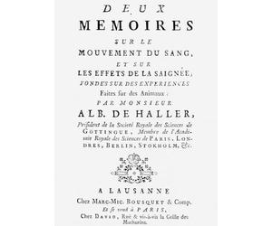 Page de titre de Haller's Deux memoires sur le mouvement du sang 1754 dans laquelle sont consignées ses observations dans les capillaires. Albrecht von Haller alias Albertus de Haller 1708 - 1777