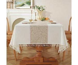 Pahajim Nappe Blanche Rectangulaire Anti Tache Lin et Coton Imperméable | Nappe de Table Imprimée Lavable Tissu pour Exterieur Jardin, Cuisine, Table Basse