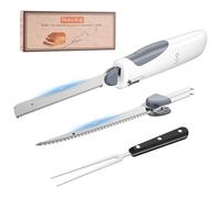PAHTTO Couteau électrique, Couteau de cuisine sans fil avec 2 lames en acier inoxydable et fourchette, Couteau à fileter 8 V avec verrouillage de sécurité, pour la viande, le poisson, le pain, etc.