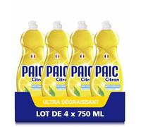 PAIC - Liquide Vaisselle éclat citron - Super dégraissant - Nettoie - Dégraisse - Elimine les mauvaises odeurs - Lot de 4 x 750 ml