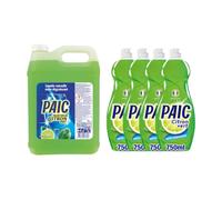 PAIC - Pack rechargeable Liquide Vaisselle Fraîcheur Citron Vert, Action Nettoyante, Dégraissante et Anti-Odeur, Format Économique, Bidon de 5L et lot de 4 flacons de 750ml