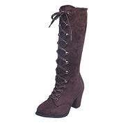 PAIDAXING Bottes à lacets style gothique pour femme en simili daim et cuir à talons mi-mollet - Taille 37-40, marron, 39 EU