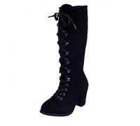 PAIDAXING Bottes à lacets style gothique pour femme en simili daim et cuir à talons mi-mollet - Taille 37-40, Noir , 38 EU