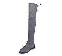 PAIDAXING Bottes cuissardes plates à talons carrés pour femme - En daim synthétique - Fermeture éclair latérale - Large mollet - Chaussures à lacets - Taille 37 à 41, gris, 37.5 EU