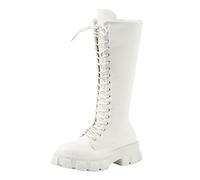 PAIDAXING Bottes de combat pour femme - Mode britannique - À lacets - Couleur unie - Bottes montantes - Confortables - Talon épais - En cuir - Antidérapantes - Pour l'hiver et l'automne - En
