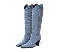 PAIDAXING Bottes de cowboy pour femme en jean à talon mi-haut avec bout carré et talon - Style rétro - Pour l'hiver et l'automne, bleu, 37.5 EU