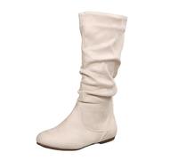 PAIDAXING Bottes en daim de style britannique pour femme - Couleur unie - Pliable - Mi-mollet - Chaussures plates confortables et tendance - Pour l'hiver et l'automne - Pour femme - À porter au