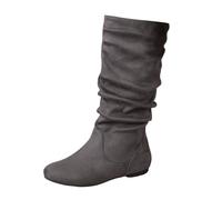 PAIDAXING Bottes en daim de style britannique pour femme - Couleur unie - Pliable - Mi-mollet - Chaussures plates confortables et tendance - Pour l'hiver et l'automne - Pour femme - À porter au