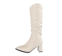 PAIDAXING Bottes mi-mollet en cuir de veau pour femme - Bout pointu - Talon empilé - Pliable - Longues bottines à enfiler pour tenues décontractées - Poignets élastiques - Confortables - Chaussures
