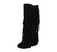 PAIDAXING Bottes mi-mollet pour femme - Coupe large - Hiver et automne - Talon épais - Frange - En daim - Avec rehausseur intérieur - Augmente la hauteur - Chaudes - Doublées en fausse fourrure