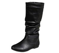 PAIDAXING Bottes mi-mollet pour femme en cuir tendance Winter Autmn Bout rond Large mollet Wetern Bottes de cowgirl humides avec fermeture éclair latérale Vintage Chaussures polyvalentes pour femme