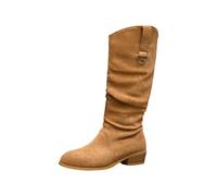 PAIDAXING Bottes montantes en daim pour femme - Bout pointu - Talon bas - Bottes d'équitation western - Empilables - Confortables - Pour l'automne et l'hiver, kaki, 40 EU