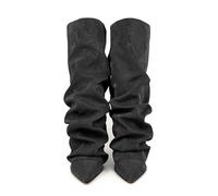 PAIDAXING Bottes montantes pour femme - Souples et empilées - Bout pointu - Talon bloc - Automne et hiver - Tendance - Décontractée et confortable - Mi-mollet, 1 noir, 38.5 EU