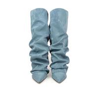 PAIDAXING Bottes montantes pour femme - Souples et empilées - Bout pointu - Talon bloc - Automne et hiver - Tendance - Décontractée et confortable - Mi-mollet, 1 bleu clair., 39 EU